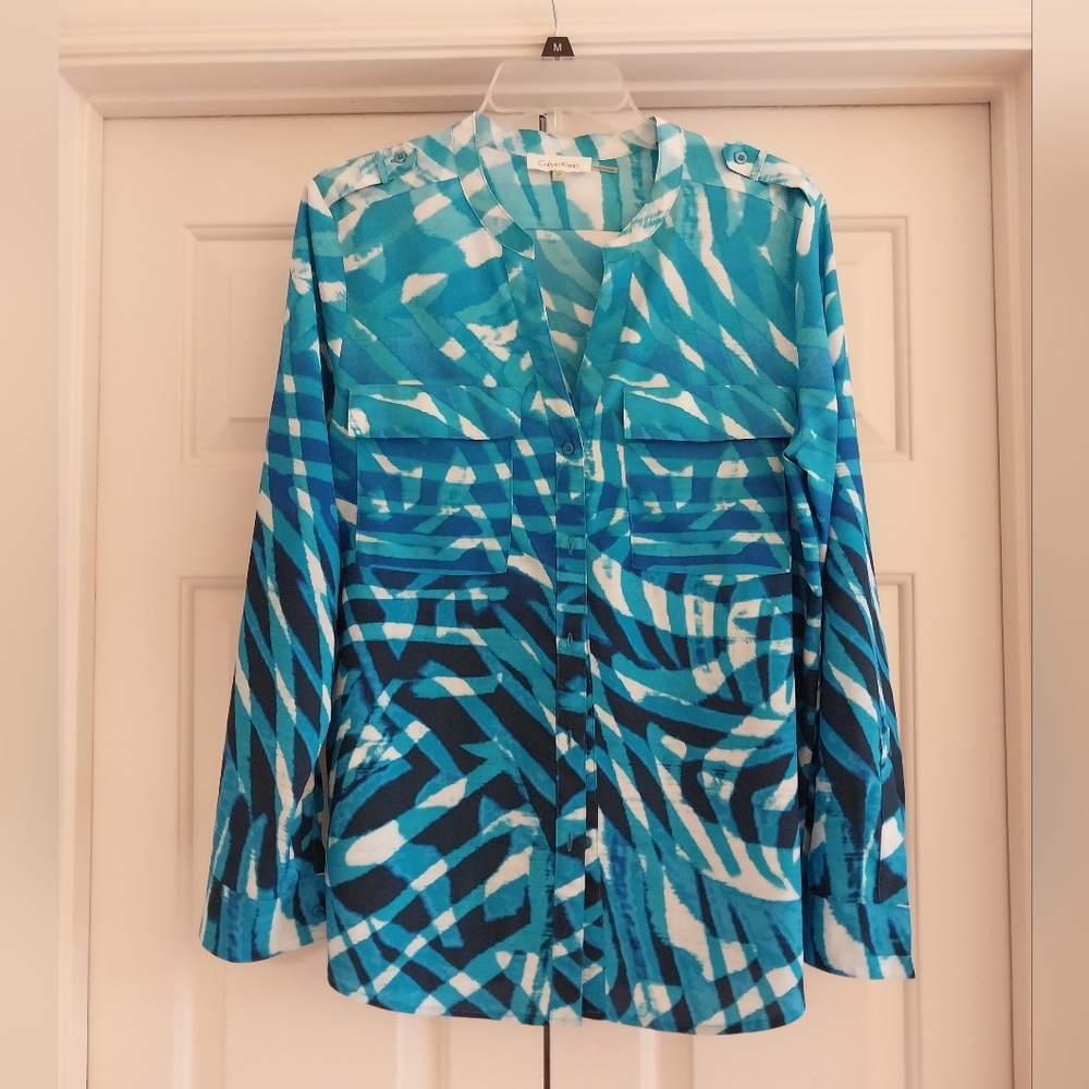 Calvin Klein blue wave print button front blouse